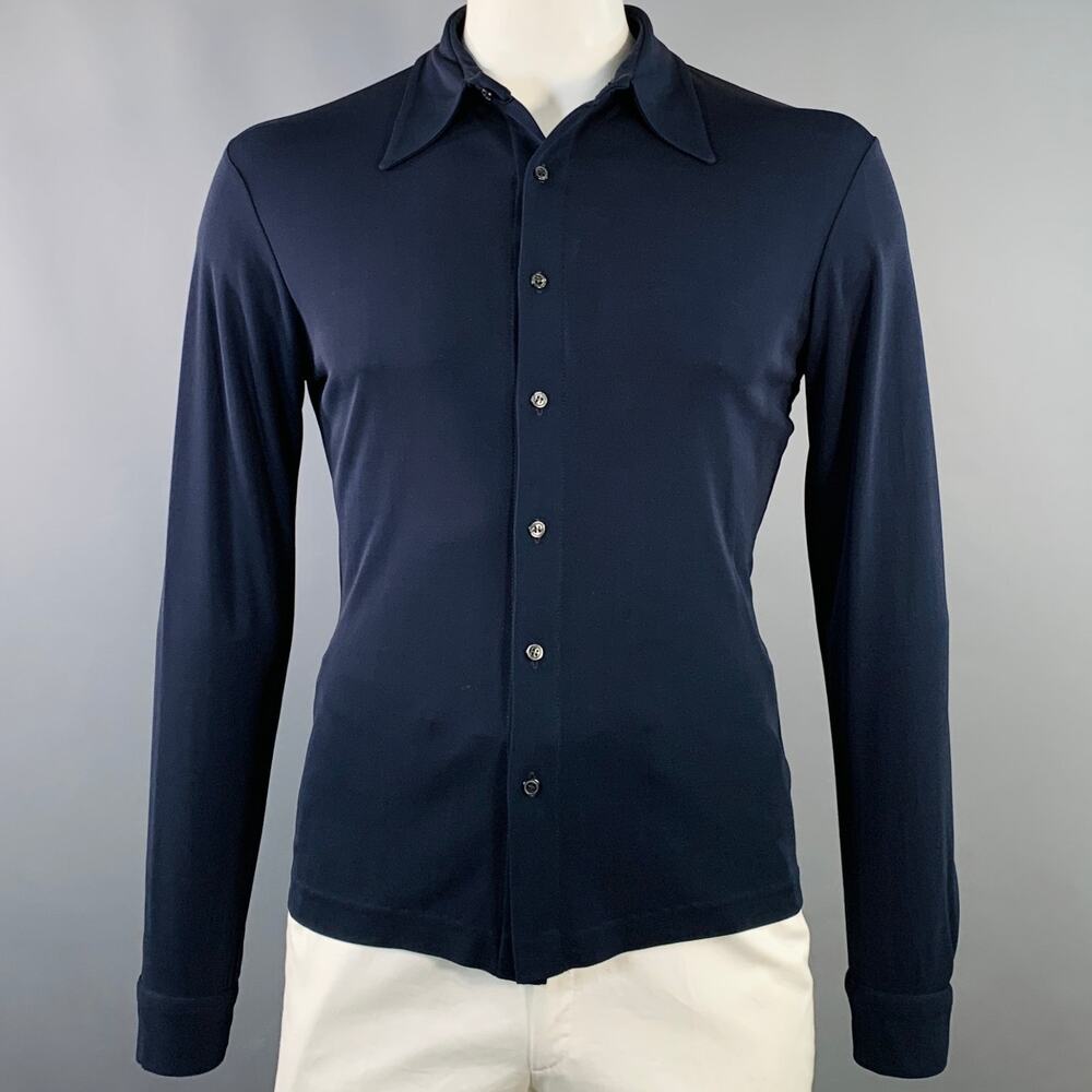 DANIEL CLEARY Size L Navy Rayon Jersey Pointed Collar Long Sleeve Shirt